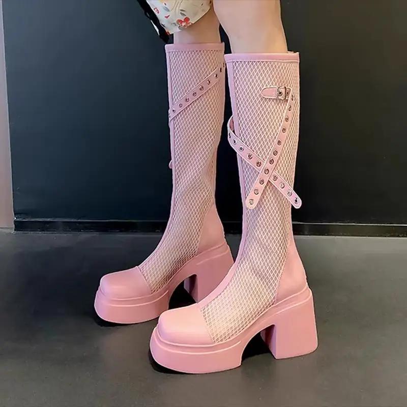 Mesh Breathable Knee Summer Boots Women Square Toe Chunky Platform Belt Buckle Decoration Boots Sexy High Heel Shoes