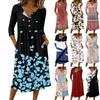Women's Fashionable Color Printed Round Neck 3/4 Sleeve Button Collar Mid Length Casual Dress