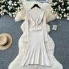 Autumn Winter Women V-neck Full Sleeve Casual Knitted Pullover Sweater Long Midi Dresses