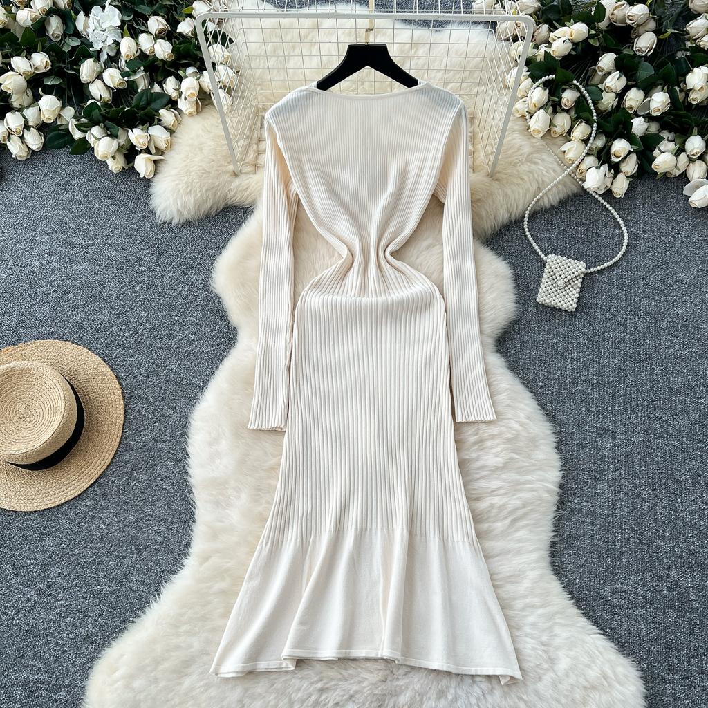 Autumn Winter Women V-neck Full Sleeve Casual Knitted Pullover Sweater Long Midi Dresses