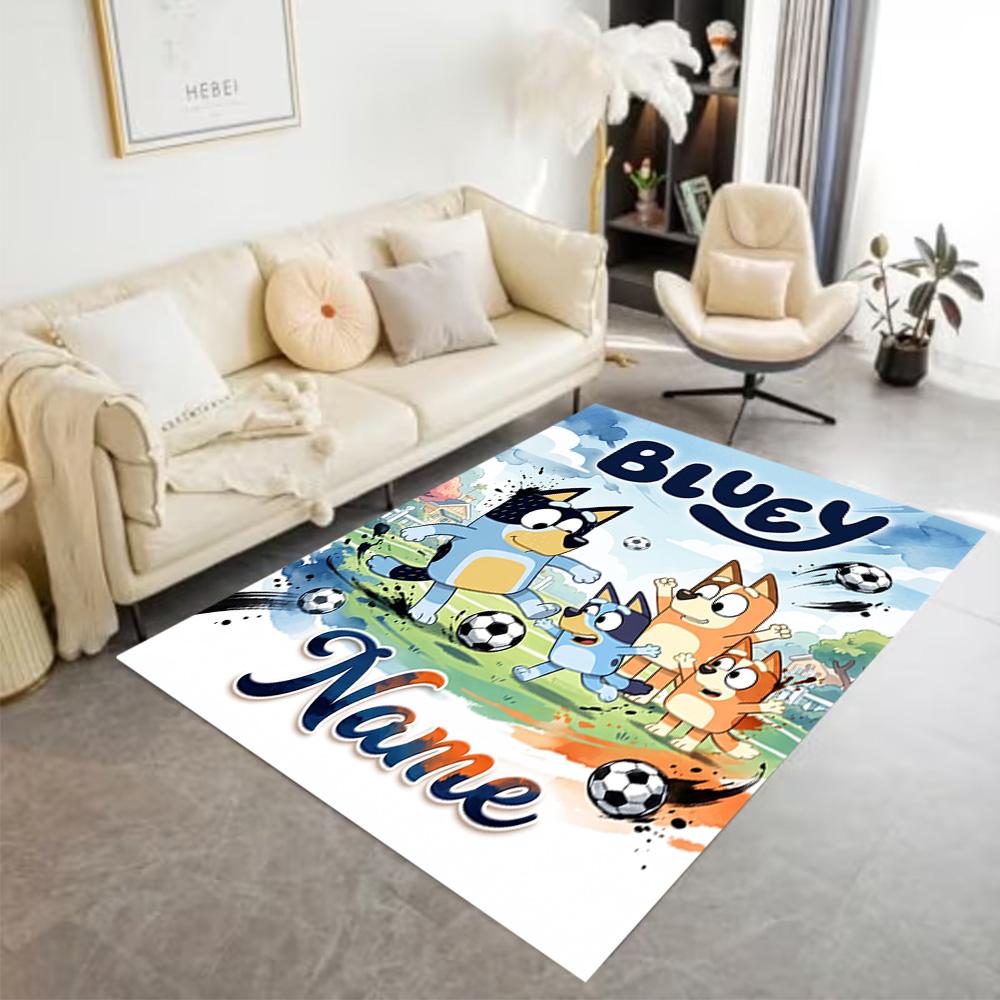 Bluey's Soccer Fun Customizable Name Carpet Design for Outdoor Balcony Hallway Decorate room Anti-slip Rug Anime Office Decor