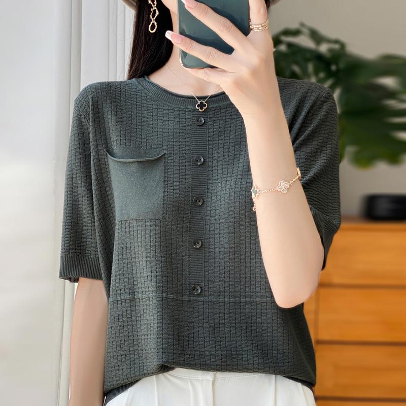 Women Knit T-shirt Summer Knitted Shirt Short Sleeve Tees O-neck Pullover Knit Tops Female