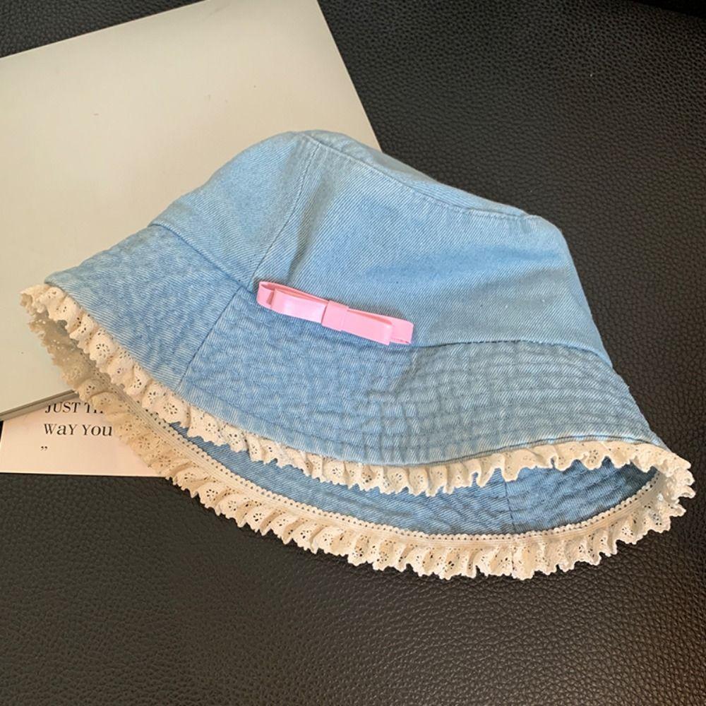 Y2K Lace Fisherman Hat Big Brimmed Bow Sunscreen Hat Fashion Denim Bucket Hat  Girls