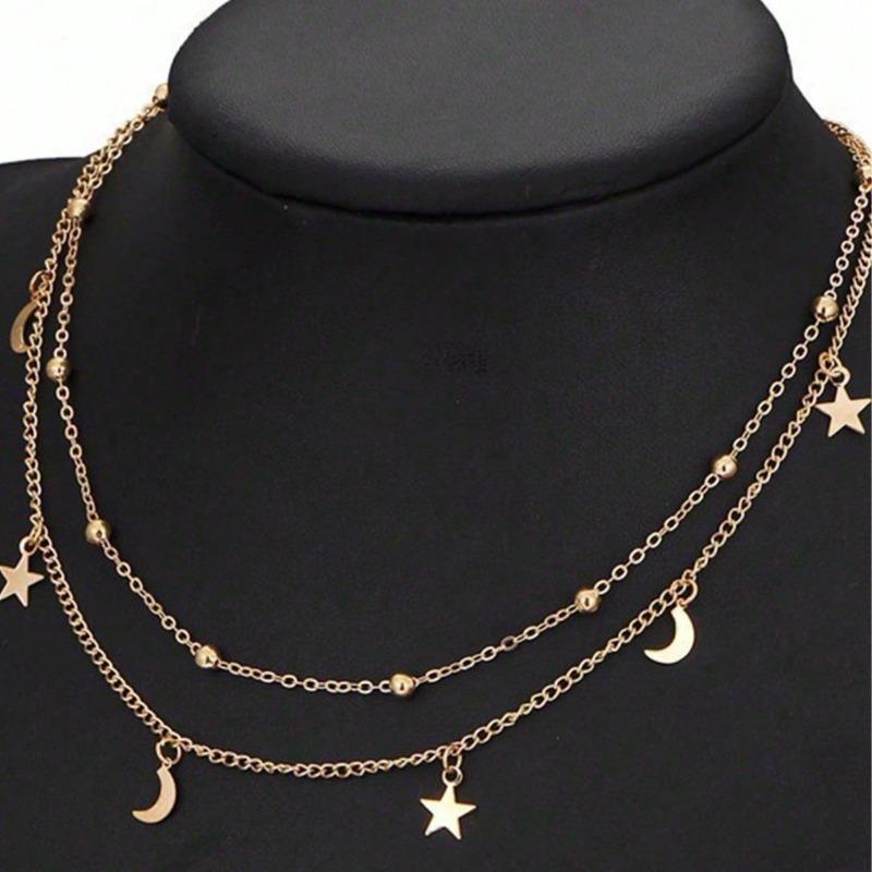 Simple Double Layer Moon Star Pendant Clavicle Necklace For Women