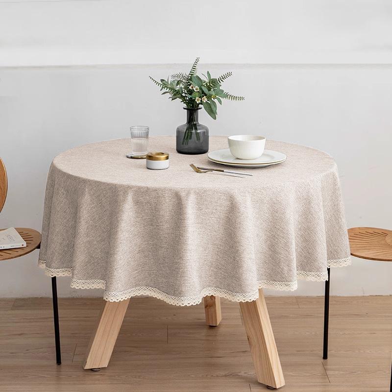 Round Faux Linen Tablecloth With Lace Trim Waterproof Oil And Stain Resistant For Banquets And Parties