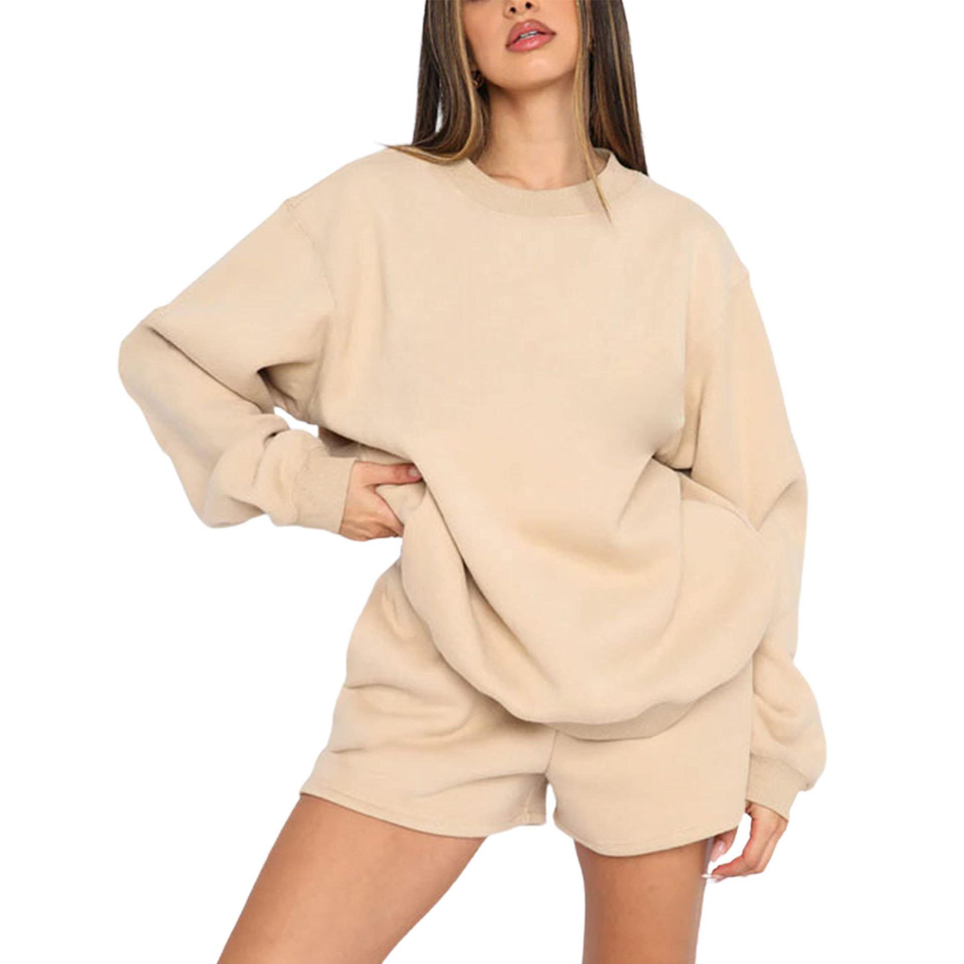 

Повседневный женский комплект из двух предметов с круглым вырезом, свободный спортивный комплект из брюк-карго и длинного капюшона, размер плюс XS абрикосовый