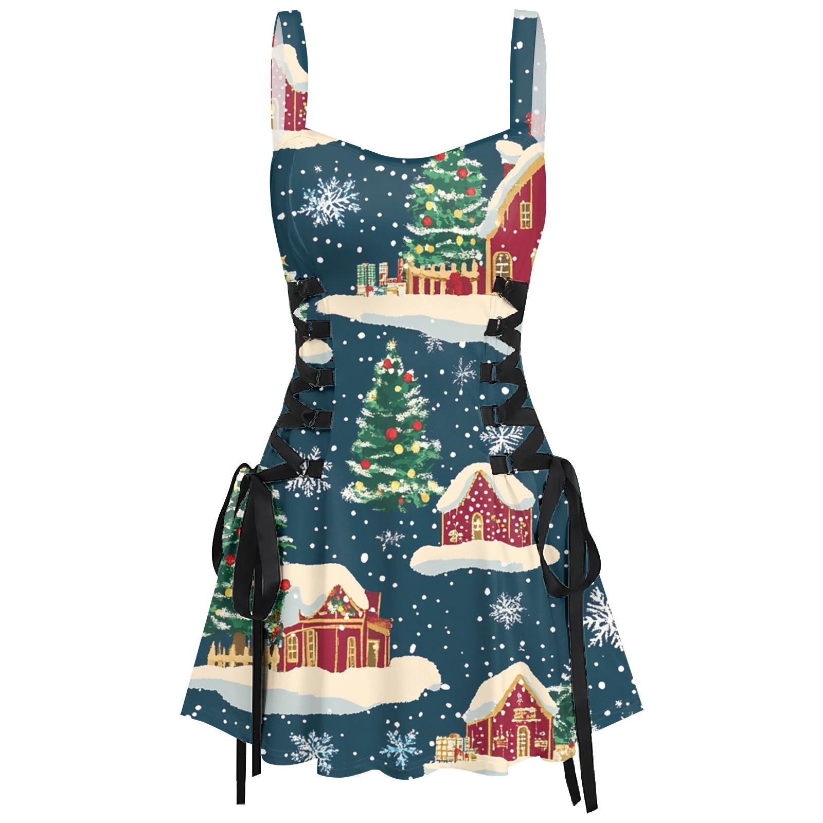 

Жіноча повсякденна мода з різдвяним принтом, сексуальна ремінець, коротка ретро-сукня, ретро-спідниця XXL червоний