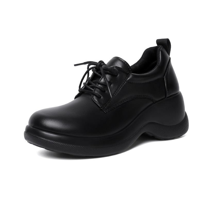 Black Thick High Heel Deep Mouth Single Shoes Women's Autumn New Heightening Leather Shoes Lightweight Wear-resistant Low-top Women's Shoes