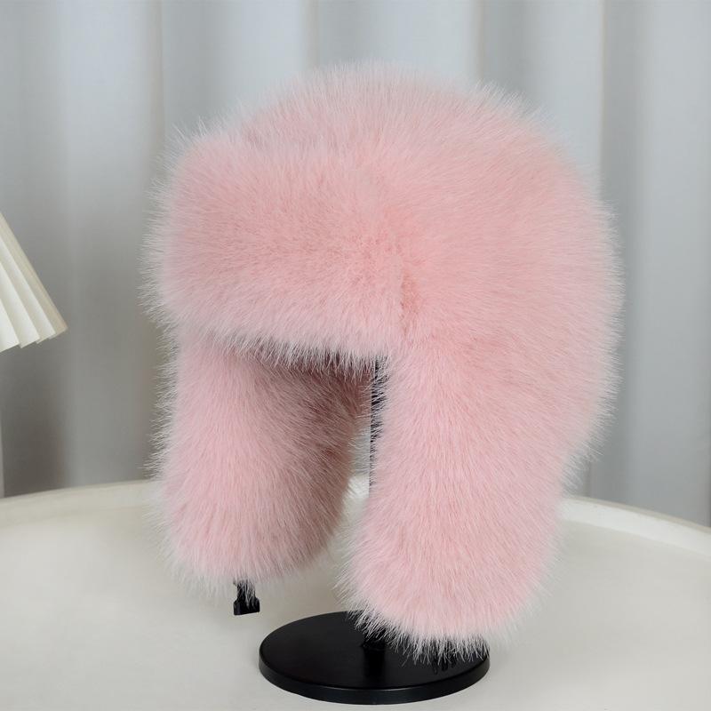 Thickened Winter Outdoor Imitation Fox Fur Warm Windproof Women's Plush Ski Face Small Ear Protection Hat