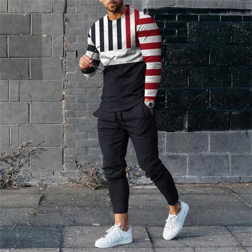 

Костюм с длинными рукавами, мужской клетчатый 3D-принт, модный ретро-спортивный свитер, комплект из толстовки и брюк на весну и осень, размер M-3XL 4XL