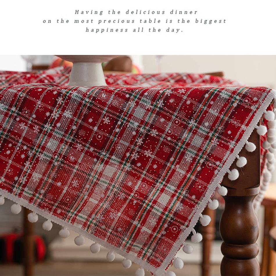 Christmas Red Grid Tablecloth White Snow Ornamental tassel Table Vintage Dining Table Cover For kitchen Party Birthday Decor