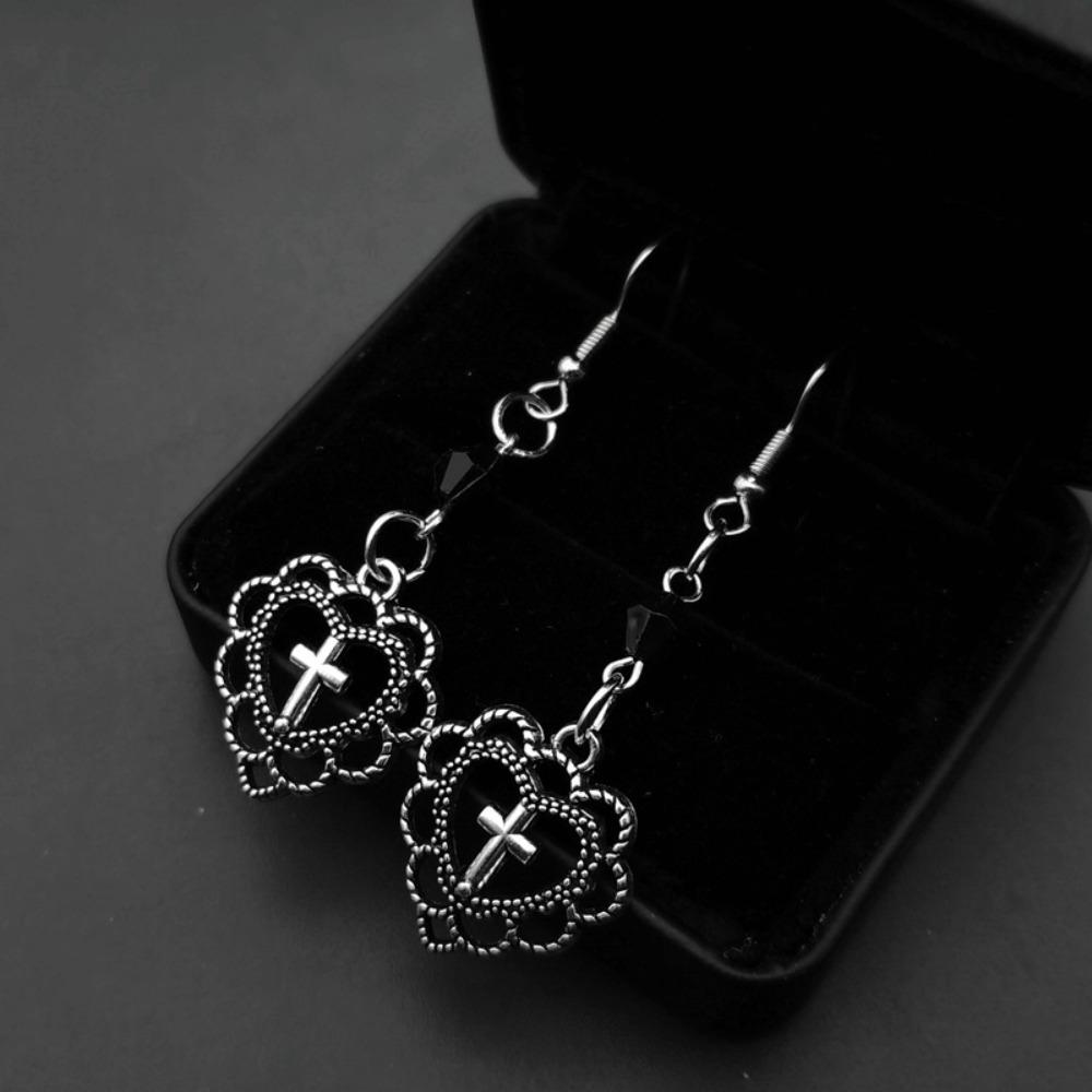 Gothic Punk Sliver Color Hollow Heart-shaped Lacework Cross Pendant Earrings for Women Hallowmas Party Jewelry Accessories Gifts