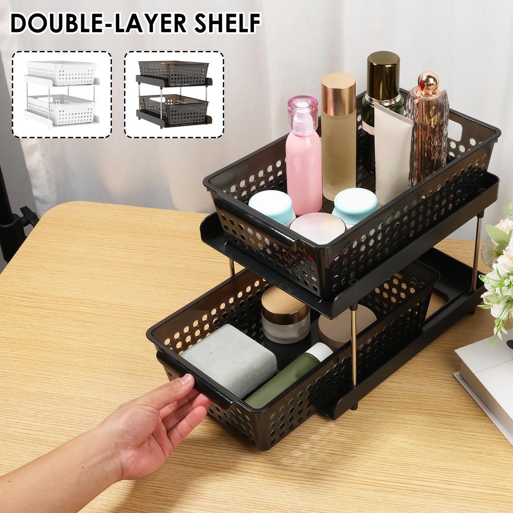 2 Tiers Under Sink Cabinet Organizer Versatile Pull Out Cabinet Organizer Space Saving Solid Sink Storage Shelves for Bathroom