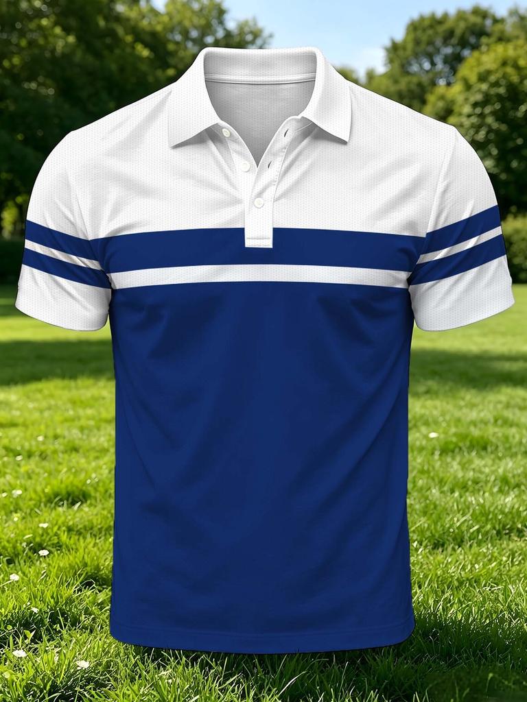 Men's Outdoor Polo Shirt, Available in Multiple Sizes, Featuring a White and Blue Color-blocked Horizontal Stripe Patchwork, with Double Stripe