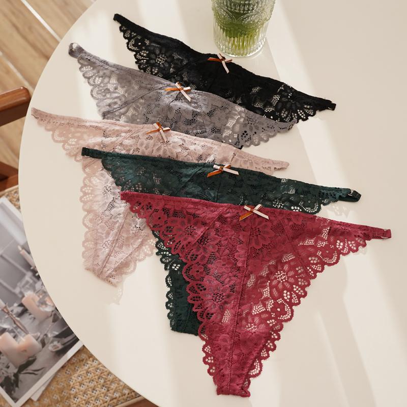Ženy Sexy Úžasné Kalhotky Nízký pas Krajkové Spodní prádlo Dámská G String Tanga Temptation Bow T-back Transparentní spodní prádlo