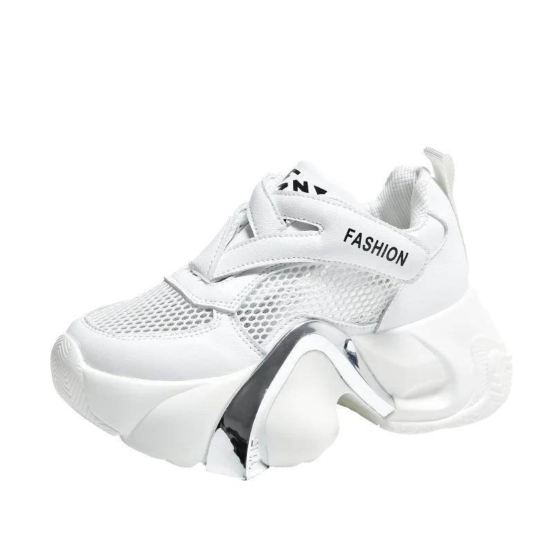 Fashion Women High Platform Breathable Genuine Leather Shoes Lace-up Summer Chunky Sneakers 7.5CM Wedge Heels Woman Hollow Leisure Shoes