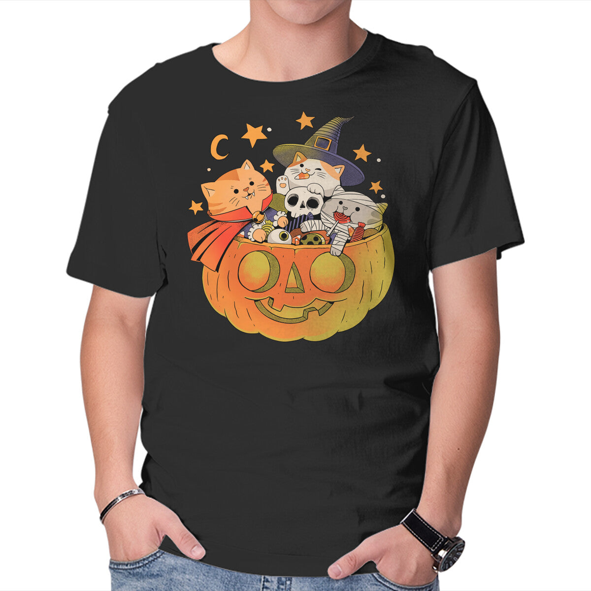 Unisex Crew Neck T-Shirt Pumpkin And Cats Graphic Short Sleeve Casual Tee M