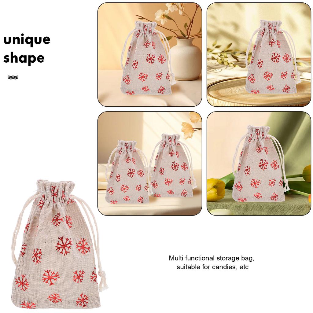 10Pcs Christmas Cotton Drawstring Bags Snowflake Pattern Candy Pouches Holiday Gift Wrapping Bags Small Fabric Candy Storage