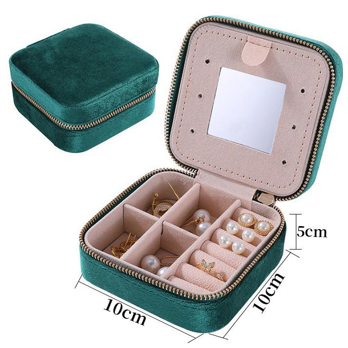 Portable Double-Layer Velvet Jewelry Box with Mirror and Zipper for Earrings and Rings