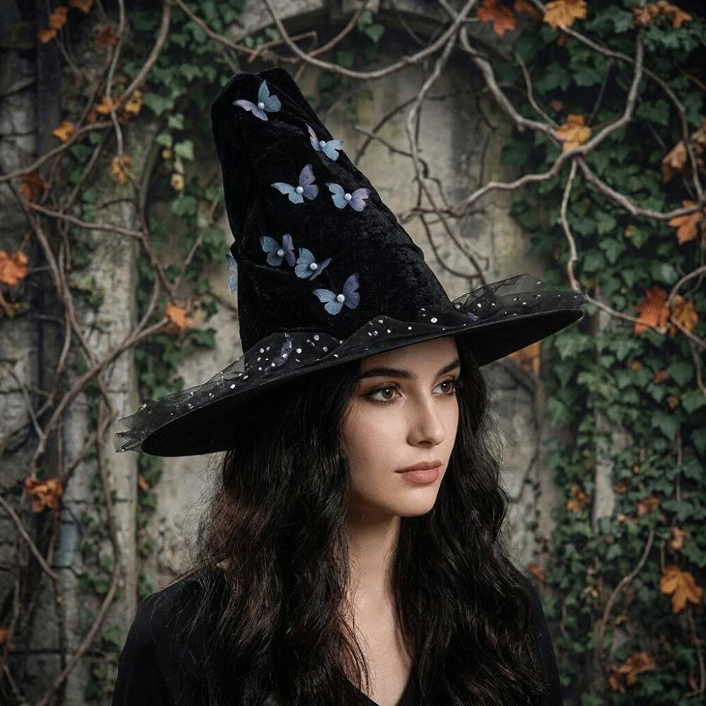 Fairy Black Halloween Witch Hat Mesh Velvet Butterfly Wizard Cap Curved Tip Gothic Halloween Black Cap Halloween Party