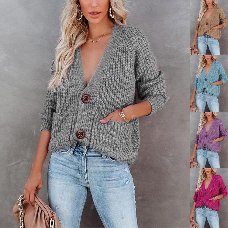 V-Ausschnitt Uni Cardigan Pullover Jacke mit langen Ärmeln für Herbst und Winter Einreiher Oberteil