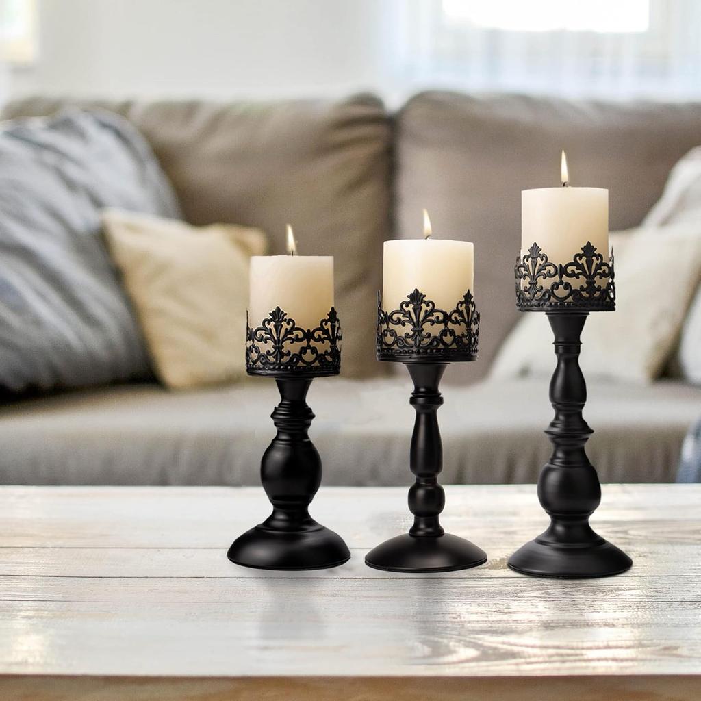 Vintage Pillar Candle Holders for Table Centerpiece Set of 3-11'' 9'' 8'' - Matte Black Metal Candle Stands Decorative - Candle Centerpiece for Table
