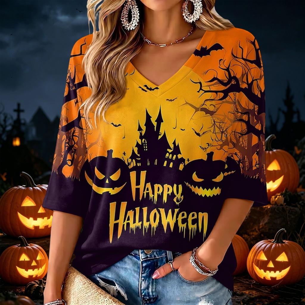 Women's V-Neck Halloween Print Lightweight Blouse for Spring and Summer