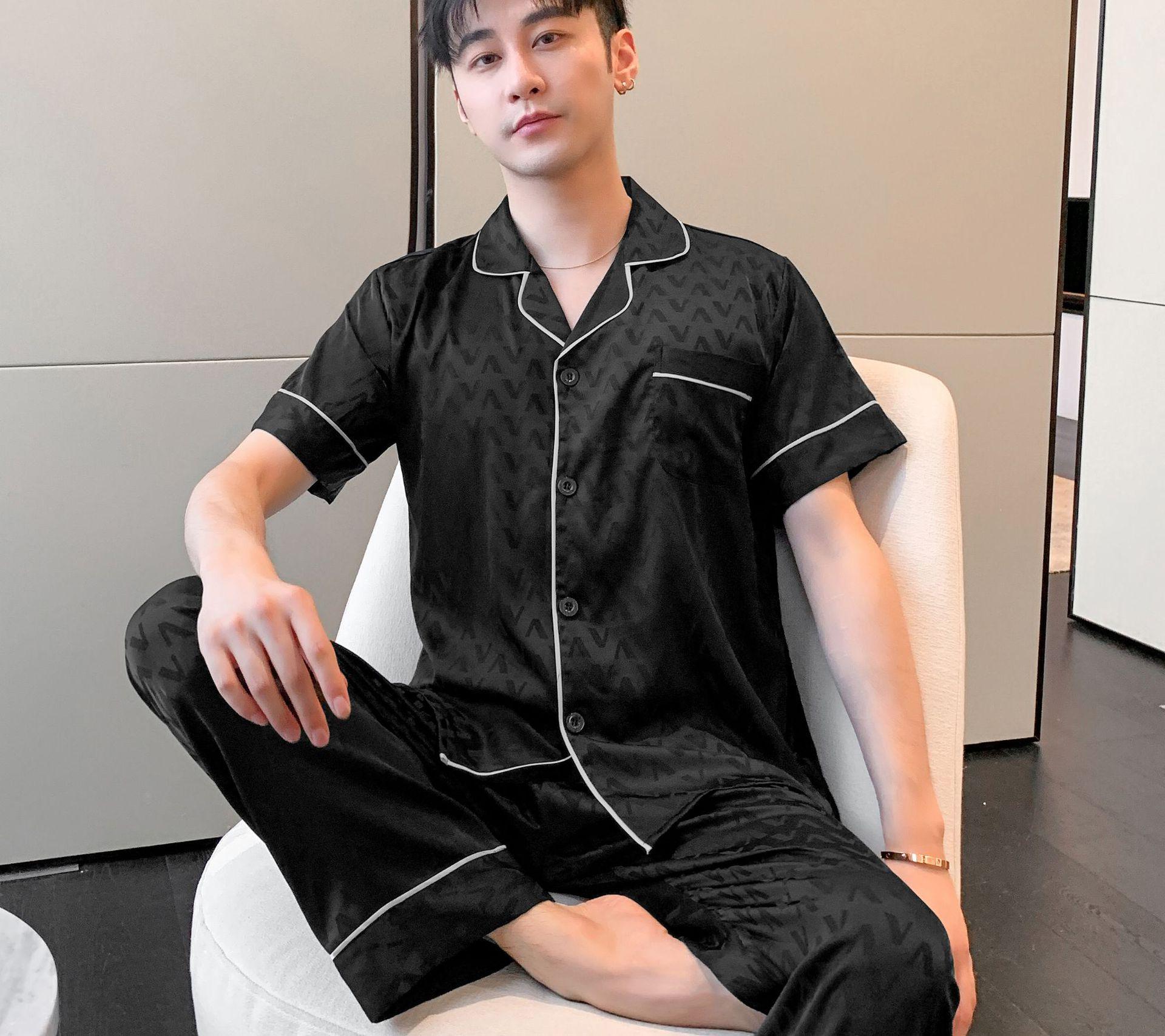 

Мужской комплект пижамы из легкого люксового шелка - Весна/Осень, Тонкий жаккардовый домашний костюм, Можно носить на улице XL