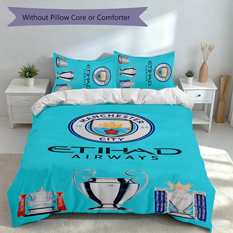 3 Adet Manchester City Futbol Kulübü Nevresim Takımı, 1 Nevresim ve 2 Yastık Kılıfı İçerir, Cilt Dostu ve Rahat Kumaş, Uygun Nevresim Takımları