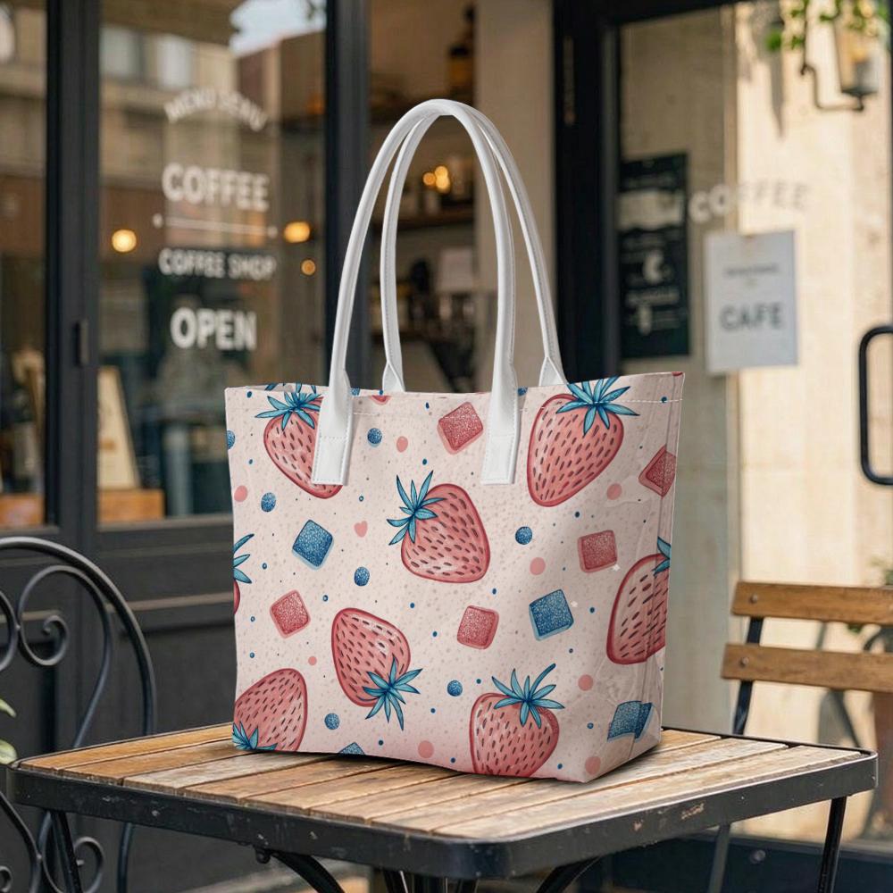 Strawberry Printed Casual Tote Bag Sweet Large Capacity Daily Shoulder Handbag
