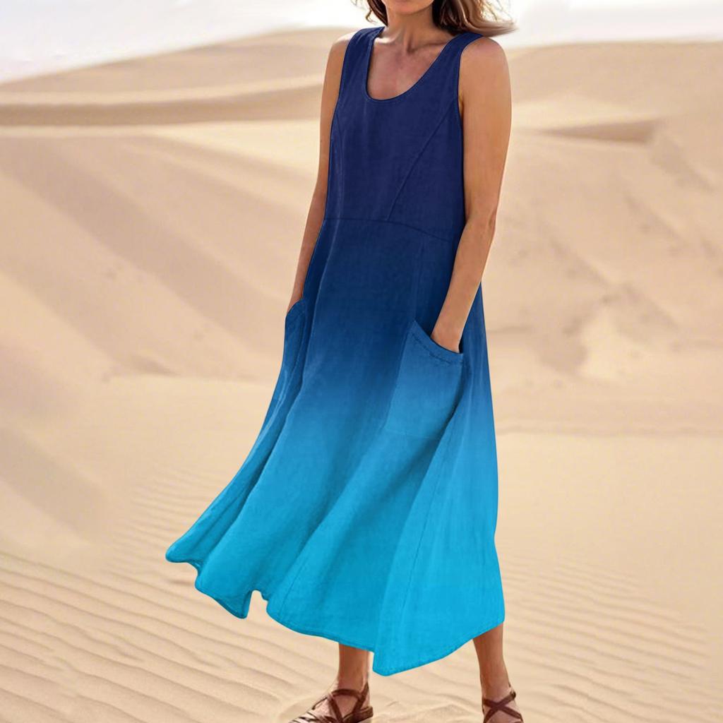 Women's Summer Casual Fashion Flower Printed Sleeveless  Pocket Dress