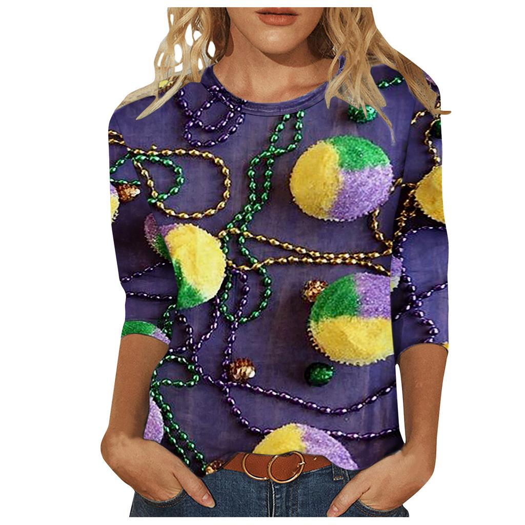 Long Sleeved Glamorous Mask Patterned Top Carnival Themed Printed Women's T-shirts