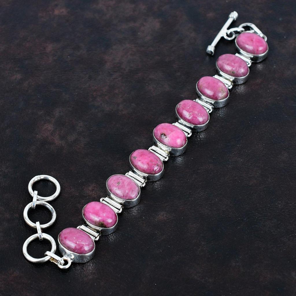 Rhodonit Edelstein Armband handgefertigt Unikat Design Schmuck 925 Sterling Silber Armband verstellbar Kettenarmband Geschenke für sie Boho Schmuck