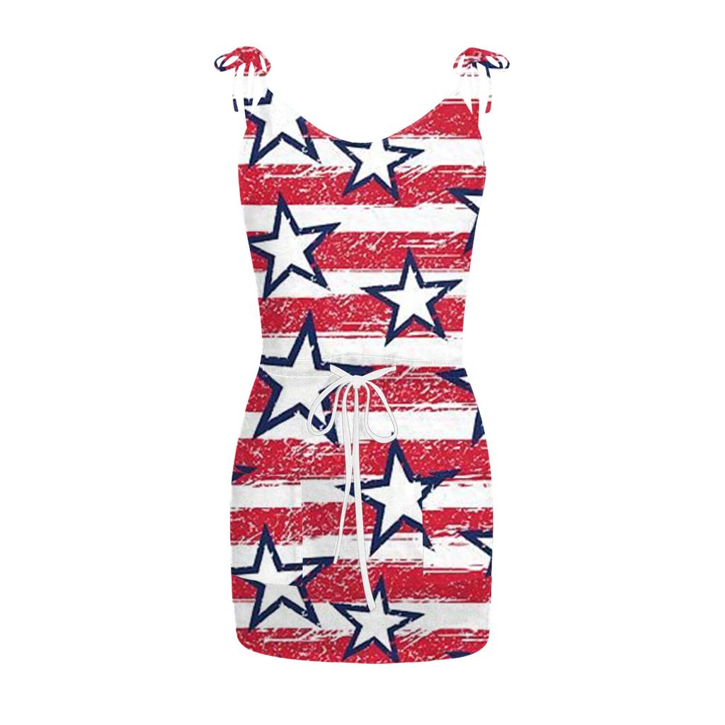 Damen Sommer Sexy V-Ausschnitt Ärmellos Unabhängigkeitstag Bedrucktes Trägerloses Kleid Strand Sonnenkleid
