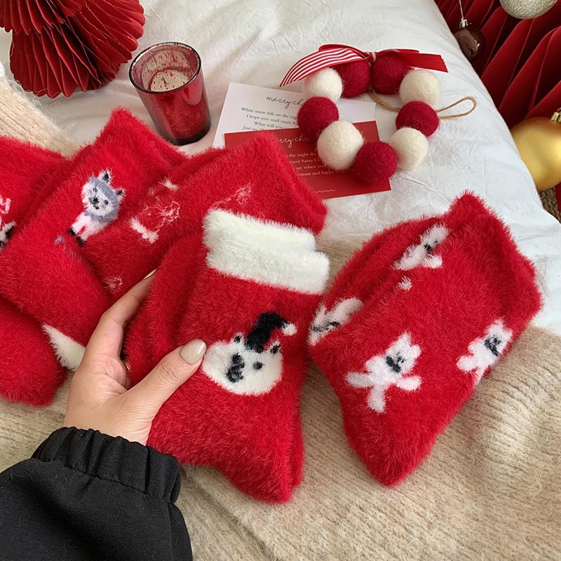 Weihnachtsjahr Rote Socken Damen Herbst und Winter Fleece Verdickt Nerzfleece Cartoon Niedlich Damen Socken Flauschig Mittellange Socken Damen