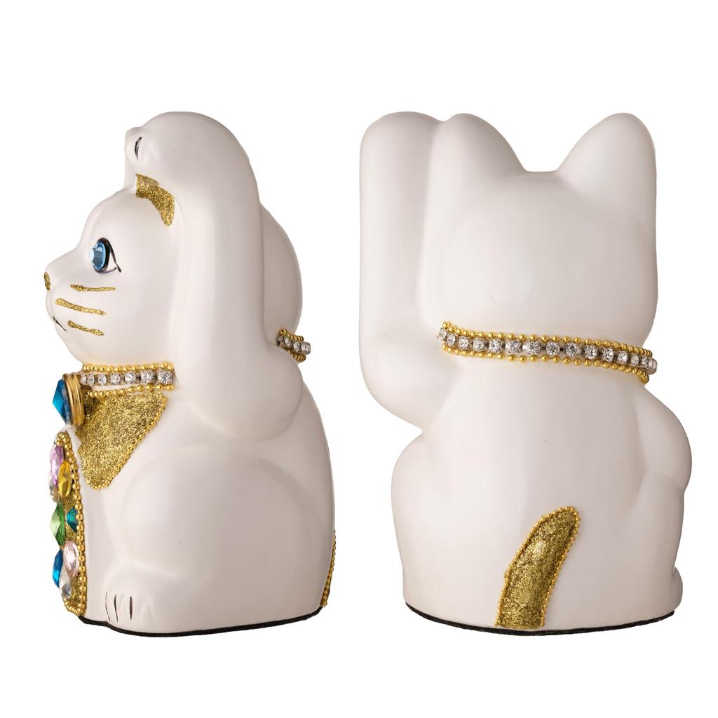 Lucky Cat Jewelry Cat Multicolor Left Paw Raised Ceramic Lucky Cat Auspicious Feng Shui Ornament (M-SIZE White) / _ Maneki-neko (jwc_M White)