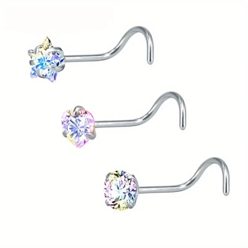 3PCS Shiny Zircon Nose Studs, Stainless Steel Sexy Versatile Nose Rings, Exquisite Piercing Jewelry for Women