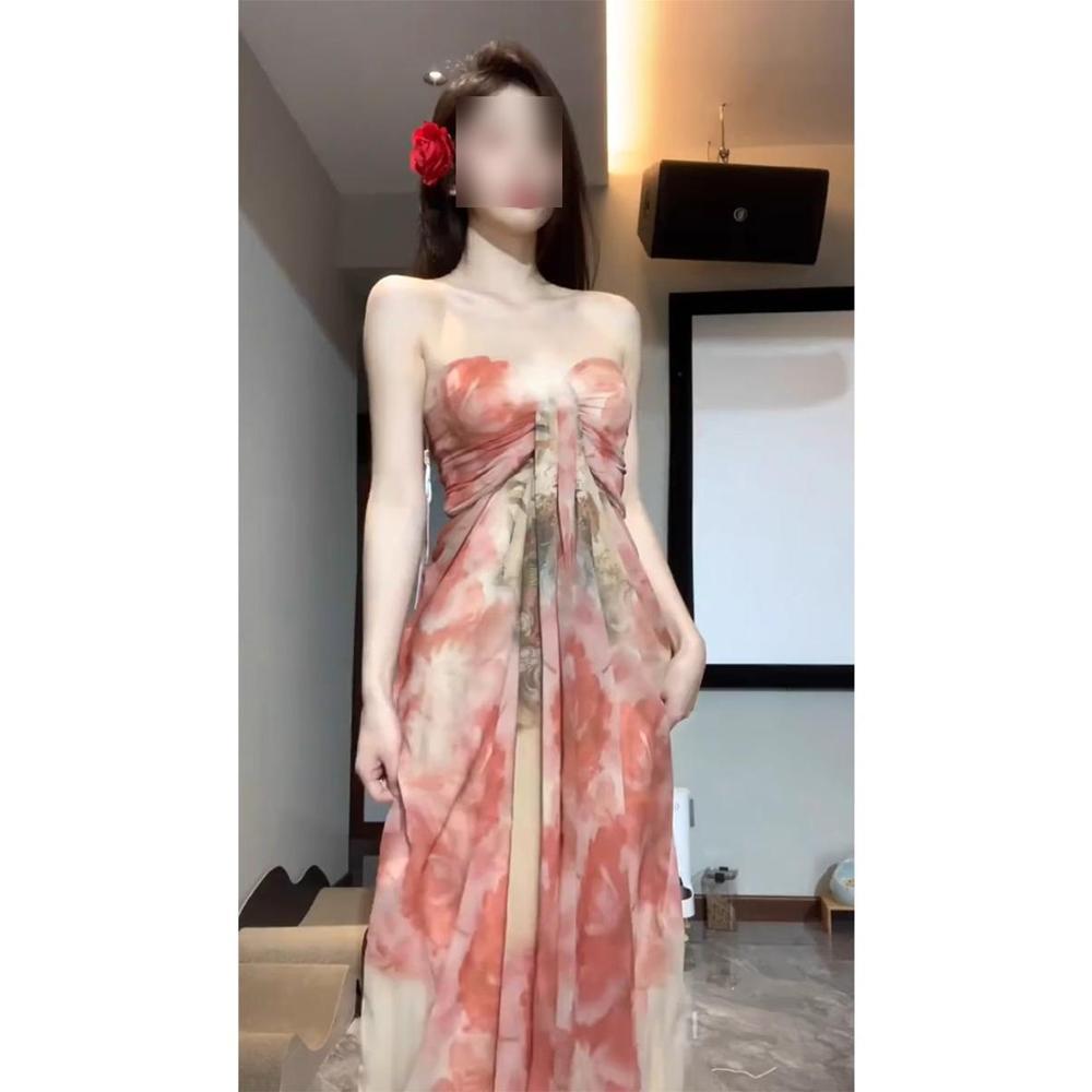 

Ретро плиссированное платье-сарафан тай-дай женское летнее пляжное приморское отпускное длинное платье темпераментное без рукавов свободная юбка XL- (recommended 110-60kg)