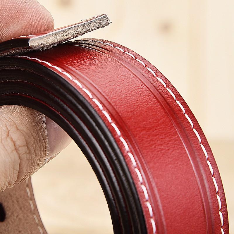 Womens Genuine Leather Belt With Stitched Edge Alloy Pin Buckle Slim Casual Waistband Pants 2.5cm Width