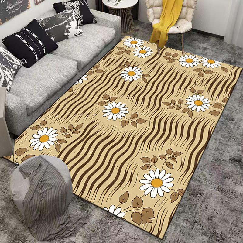Floral Pattern Carpet with Daisy Design and Beige Background, Home Decor Suitable for use as an anti-slip for living room bedroom sofas