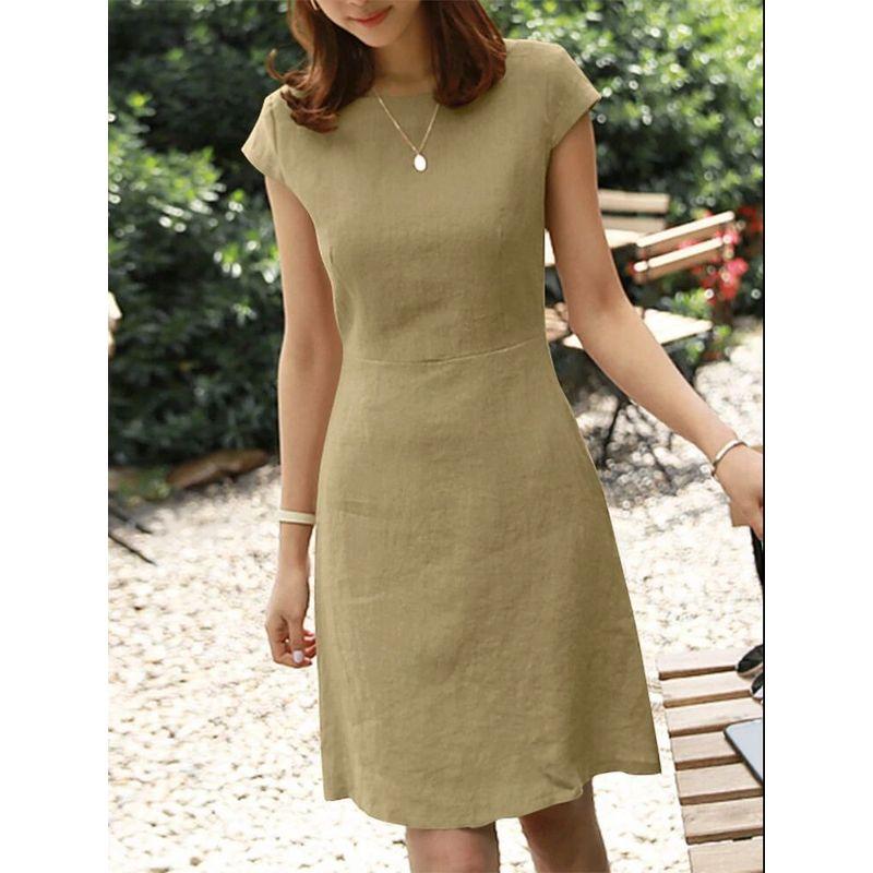 

Cotton and Linen Dress Ladies New Back Large V Cut Out round Neck Short Sleeve Cotton and Linen Dress Matcha 5XL