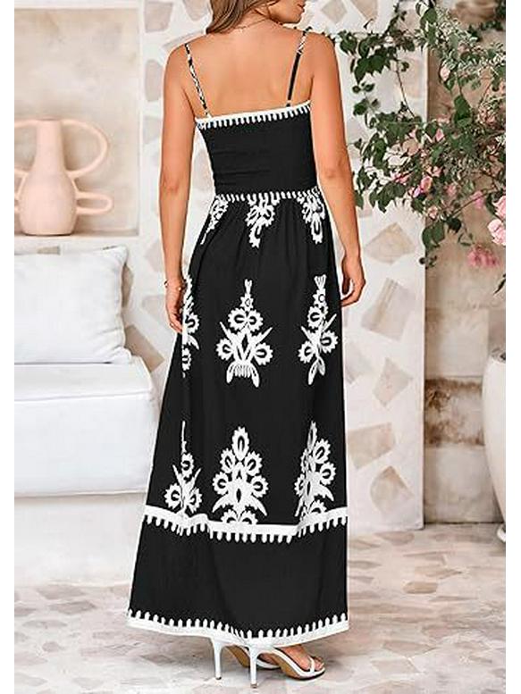 Ärmlös klänning med spaghettiband, blommigt tryck och ficka - 2025 Bästsäljare inom europeisk och amerikansk dammode.