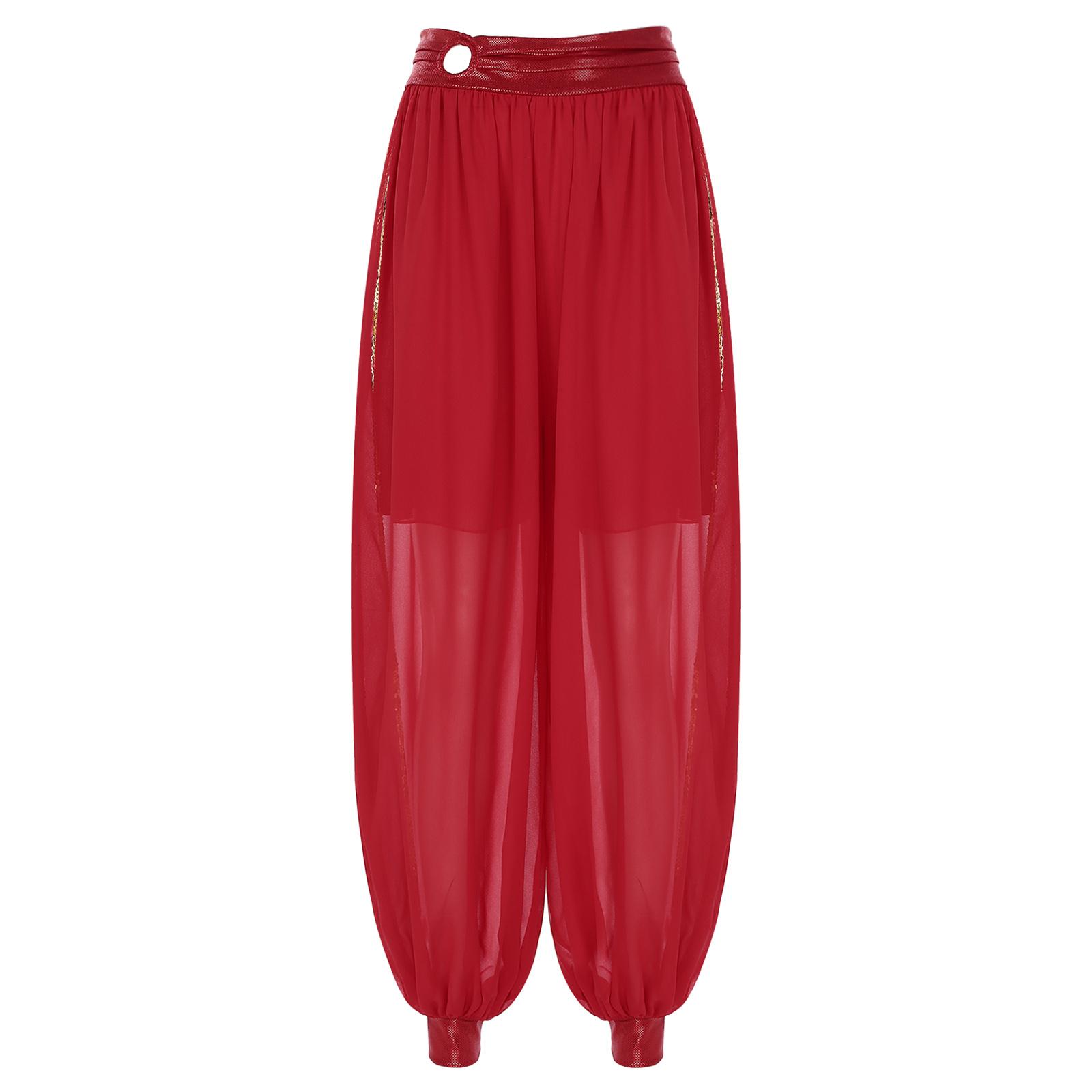 

Женские шаровары для танца живота, шифоновые брюки, присборенный пояс, разрез по бокам, карнавальный костюм One Size красный