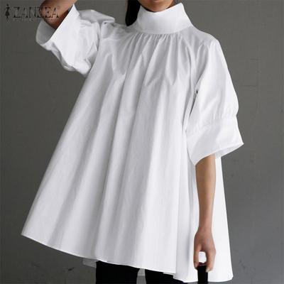 Women High Neck Half Sleeve Solid Casual Oversized Irregular Blouse