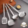 Stainless Steel Kitchen Utensil Set: Spatula, Soup Ladle, Slotted Spoon with Anti-Scald Silver-White Tube and Round Handles.