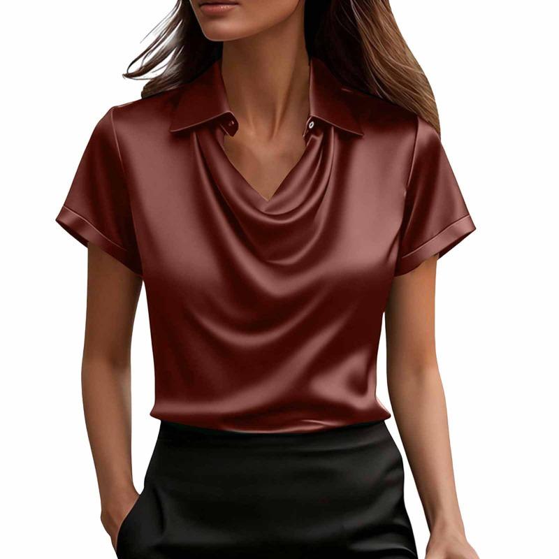 Damen Satin Schalkragen Bluse Kurzarm mit Kragen Lässig Elegant Täglich Büro Arbeitskleidung Basic Oberteil