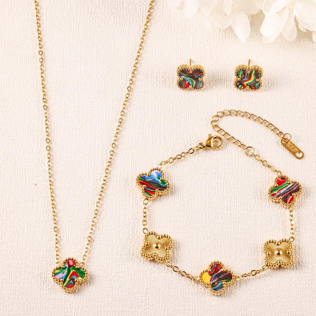 3PCS clover necklace bracelet earrings 18K gold-plated non fading light luxury fashion accessory