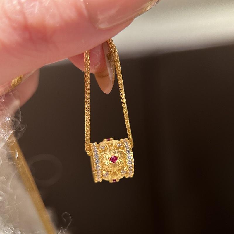 Винтажное ожерелье с рубиновым цветком пиона, усыпанное бриллиантами, матовая модная изысканная красивая гравированная цветочная цепочка на ключицы ювелирное изделие 45cm