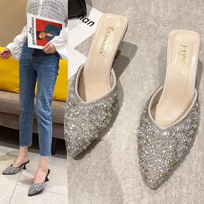 Fashion Women Pointed High-heeled Fashion Slippers 2024 Summer New Korean Style Diamond Pearl Shoes Outdoor Beach Slippers Wedding Shoes