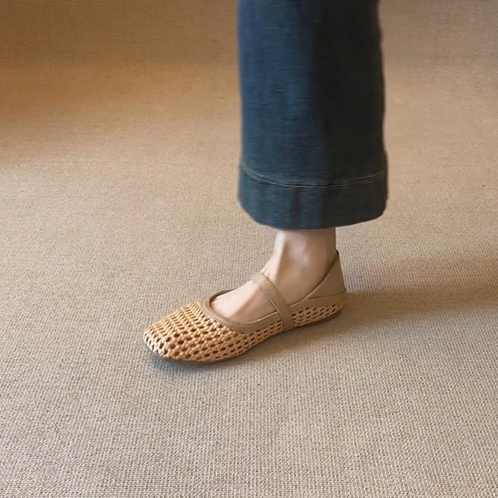Sheepskin woven hollow hole shoes, breathable Mary Jane sandals for women's summer one-word belt flat-soled single shoes